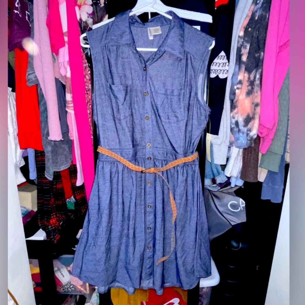 Belted Faux Denim Button Up Flare Dress Size XL